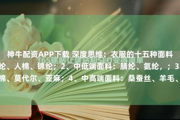 神牛配资APP下载 深度思维：衣服的十五种面料等级​1、低端面料：涤纶、人棉、锦纶；2、中低端面料：腈纶、氨纶，；3、中等面料：纯棉、莫代尔、亚麻；4、中高端面料：桑蚕丝、羊毛、山羊绒；5、高端面料：皮马棉、天丝、...